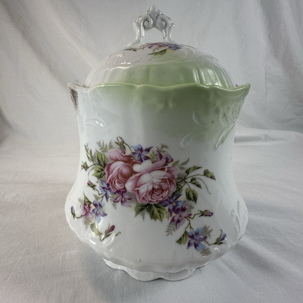Antique Victorian Porcelain Biscuit Jar - Pink Roses & Violets - Green‎ Ombre